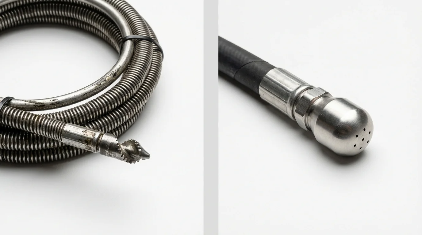 Drain snake cable and hydro jetting nozzle used for drain cleaning in Lincoln Park, NJ