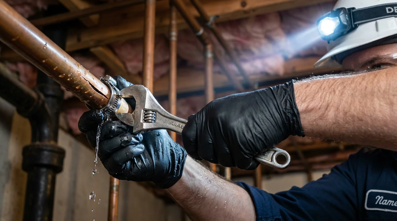 Emergency pipe clamp repair being performed by a Johns Plumbing LLC plumber in Lincoln Park