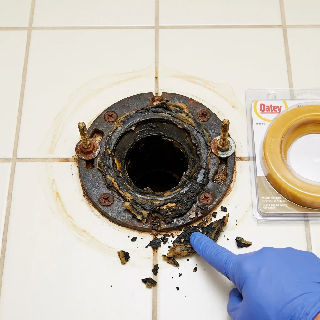 Failed wax ring showing water seepage at the base of a toilet in a Lincoln Park, NJ home