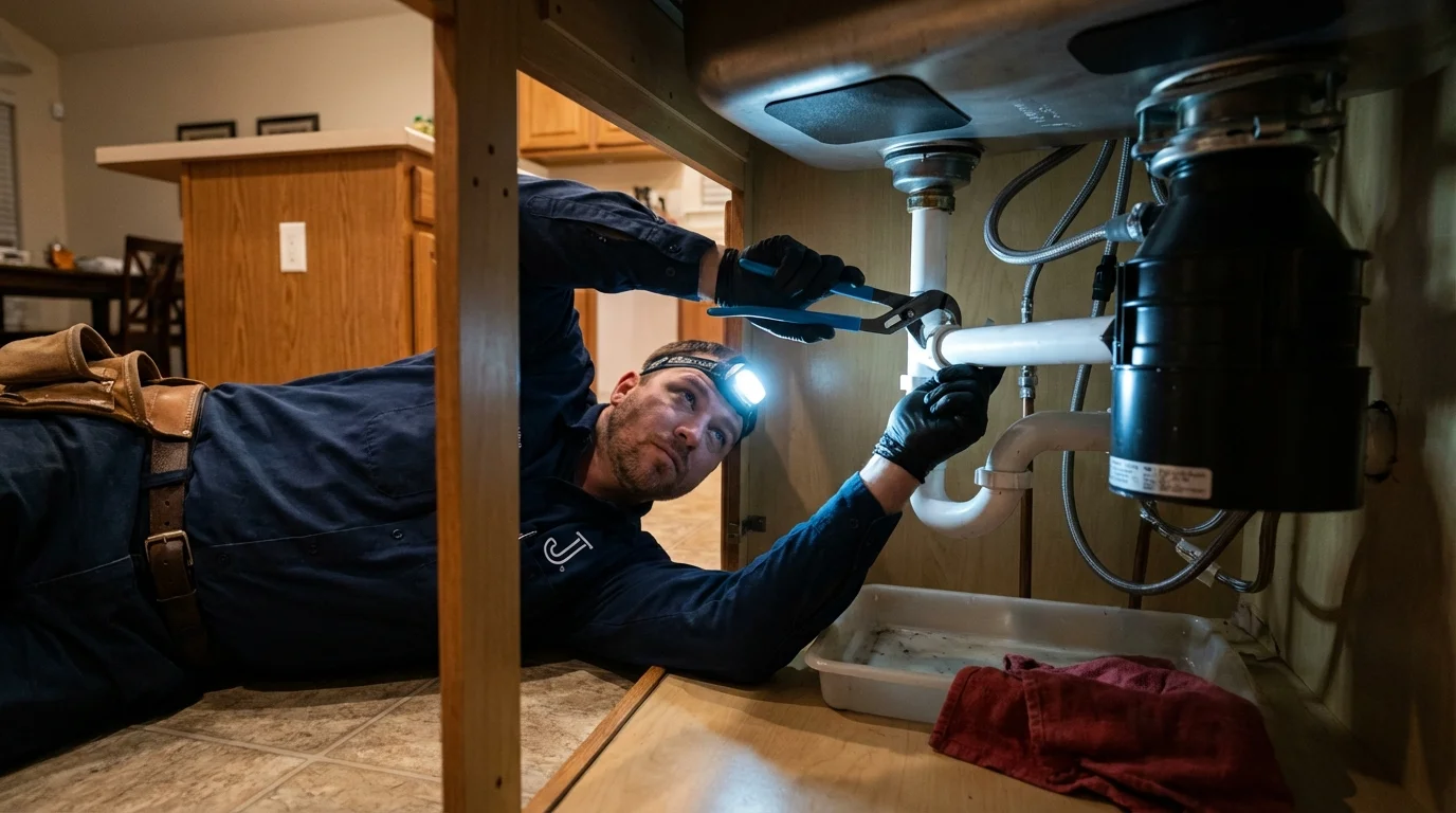 P-trap and supply line connections under a kitchen sink showing a common leak point in Lincoln Park, NJ